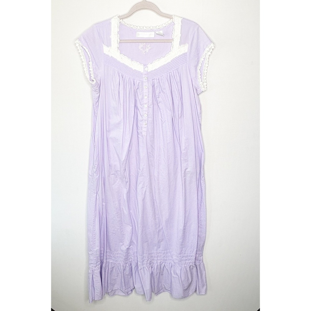 Eileen West Lavender Cotton Nightgown Lace Trim Short Sleeve Maxi Dress Medium